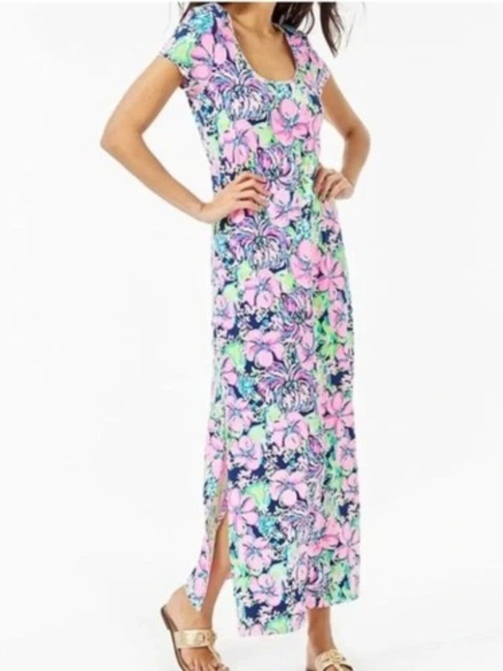 Lilly Pulitzer High Tide Wynne Short Sleeve Maxi Dress Floral Pink Blue Size L